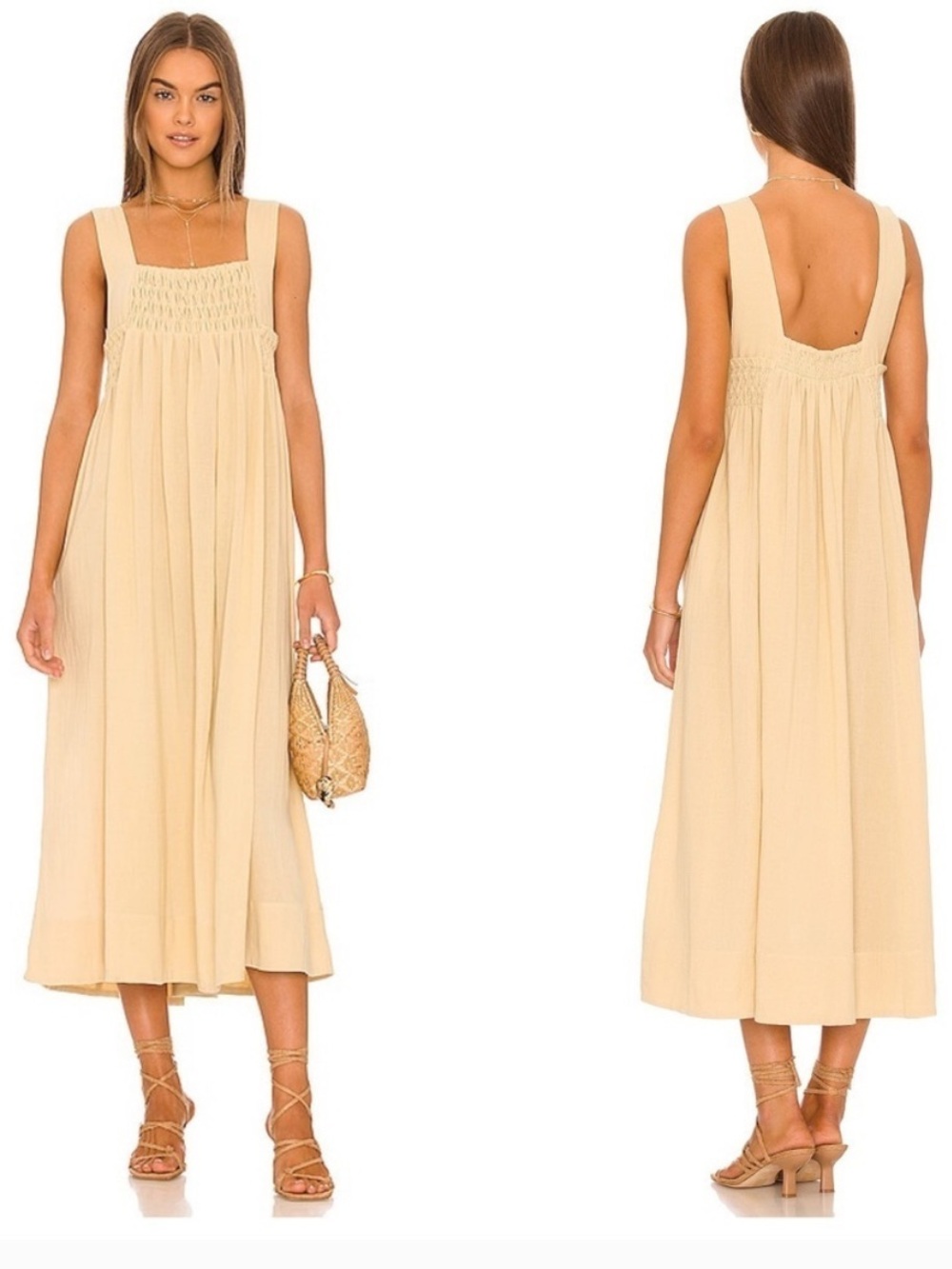 Free People Cream Smocked Square-Neck Midi Dress